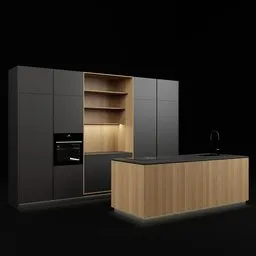 "Kitchen Set03: A modern small kitchen in real-life scale featuring black panels with oak wood for contrast. This high-quality Blender 3D model showcases a sleek design with a black countertop and includes elements such as a Peugeot Onyx car, OLED screen, and Bosch appliances. Perfect for adding realism to your 3D projects."