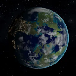 "Procedural Earth 3D model for Blender 3D - highly detailed map with glow on some parts and 3 layers of adjustable clouds. Night City Light, Pole, Continents, archipelago, pangaea, lakes, and highland all included. Increase Transparent Light Bounces and generate your own Earth with ease."