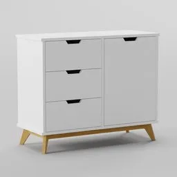 Detailed 3D model of a modern white sideboard with three drawers and wooden legs for Blender graphics software.