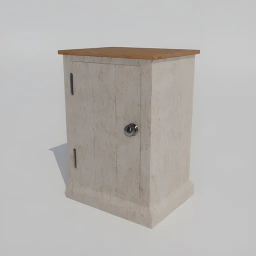 Detailed 3D render of a minimalist wooden bedside table for Blender modeling, featuring a single knob and shelf.