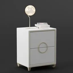 3D-rendered minimalist bedside table with brass detailing, stacked books, and spherical lamp for Blender.