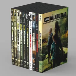 Detailed Blender 3D low poly model of DVD case collection with texture showcasing The Walking Dead Series.