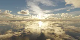 Dramatic aerial sunset reflecting on clouds and water, perfect for 3D scene lighting.