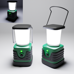 "Modern camping lantern 3D model for Blender 3D, inspired by Ernest Briggs and designed with eco-friendly green energy features. Rendered in Maya 4D, the model includes two distinct images of the lantern with a light on, perfect for post-apocalyptic or modern camping scenarios."