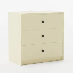 "Highly detailed white GURSKEN chest of drawers for Blender 3D with three drawers, featuring rule of threes and mate colors, perfect for rental or guest room. Designed based on instructions from Latvian Ikea store website, ideal for use with bed frame, bedside table, and wardrobe from same series."