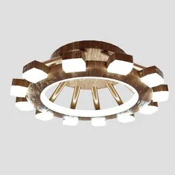 3D-rendered gear-shaped wooden ceiling light suitable for Blender modeling and visualization.