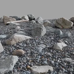 Detailed 3D model of a rocky beach with varied stones, replicating a natural coastal scene in Blender.