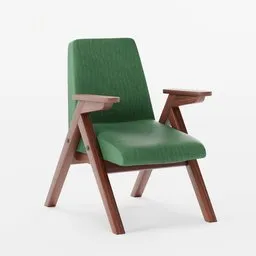 3D model of a minimalist green fabric armchair with sleek wooden legs, suitable for Blender rendering.