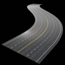 Detailed Blender 3D model of a curving road with realistic textures and markings.