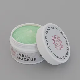 "3D model of a green cream jar with label, perfect for skincare or cosmetics use. Created with Blender 3D software. Ideal for product mockups or visualization in the industrial container category."