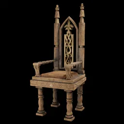 "Medieval Chair 2 3D model for Blender 3D - wooden chair with leather seat and Rose arm stump, inspired by Lord of the Rings artifacts and Charles W. Bartlett, PBR compatible and full UV mapped."
