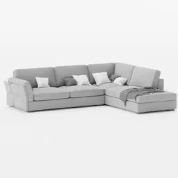 "Corner sofa 3D model for Blender 3D: A monochrome Swedish-style couch with pillows and a blanket. This full-bodied, slim design features a solid grey color and is placed on a textured base. Perfect for creating realistic interior scenes in your Blender 3D projects."