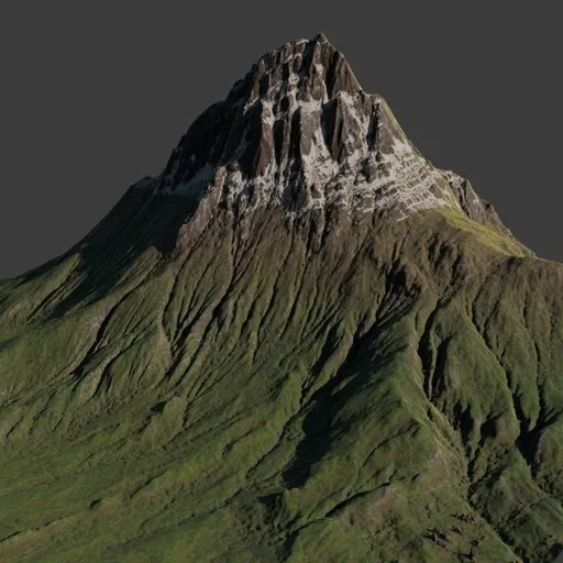 High-resolution 3D snowy mountain with grass, Blender compatible, uses displacement for realistic terrain detail.
