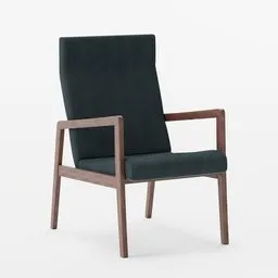 Detailed 3D rendering of a minimalist accent chair with dark upholstery, suitable for Blender modeling projects.