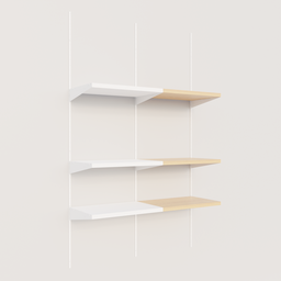 "Get organized with the IKEA Boaxel shelving unit system in white and wood. This 3D model features three sleek and minimalistic shelves hanging on pale yellow walls, perfect for a modern and stylish space. Created with Blender 3D for stunning procedural rendering."
