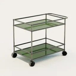 3D Blender model of a sleek two-tier bar cart with glass shelves and caster wheels.