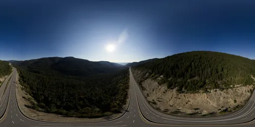 Sunny mountain valley road HDR for 3D scene lighting with clear skies and expansive views.