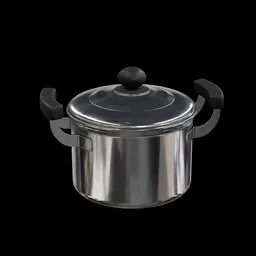 Realistic 3D rendered stainless steel pot with lid and handles, Blender compatible model.