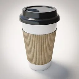 Realistic Blender 3D model of a to-go coffee cup with a black lid and ribbed sleeve.