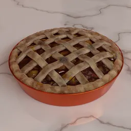 "Apple pie 3D model with highly detailed texture render, made using procedural materials in Blender 3D. Pie is shown in a red dish on a marble counter with lattice crust design. Perfect for adding to your sweets/dessert collection. "