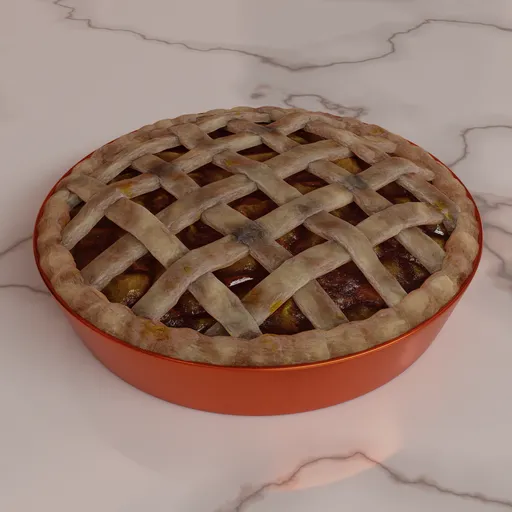 Realistic 3D apple pie model, lattice crust design, Blender render, high-detail texture