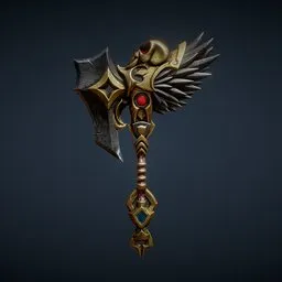 "Golden and black battleaxe with a red eye - 3D model for Blender 3D. Features ultra-detailed stylized character design, wings, and an ankh pendant. Separated game asset with smooth, stylized shapes."
