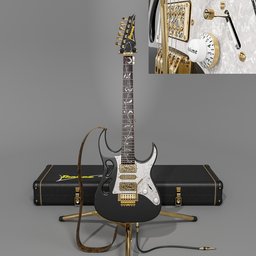 "Explore the Ibanez PIA-3761-XB 3D model for your Blender 3D projects. This award-winning guitar boasts a 5-piece maple/walnut neck, DiMarzio UtoPIA pickups, and a stunning design inspired by Exekias. Comes with a guitar case, tripod stand, and adjustable leather strap."
