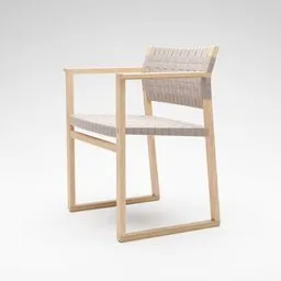 3D model of a minimalist wooden armchair with linen webbing optimized for Blender.
