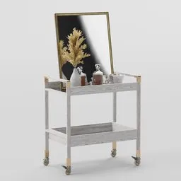 "Classic-style bar cart with mirror and bottles on wheels, perfect for Blender 3D scenes. Premium 3D model designed by Jacob van der Ulft with rich golden metal detail and a polished finish. Ideal for premium bathroom design or as a unique addition to any space."