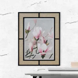 Flower painting with rattan frame