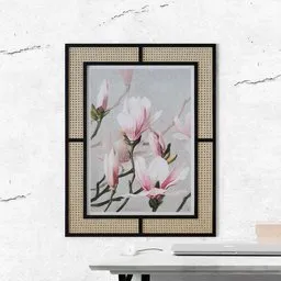 Flower painting with rattan frame