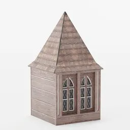 Low poly wooden tower 3D model with pointed roof and arched windows, suitable for Blender game assets.