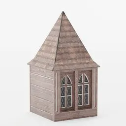 "Low poly game asset of a wooden tower/steeple with windows for Blender 3D. Detailed product photo, rendered in CGI. Perfect for street scenes in game development."