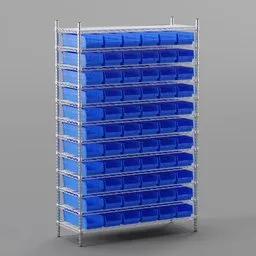 Detailed Blender 3D model of a metal shelf filled with blue bins for industrial storage.