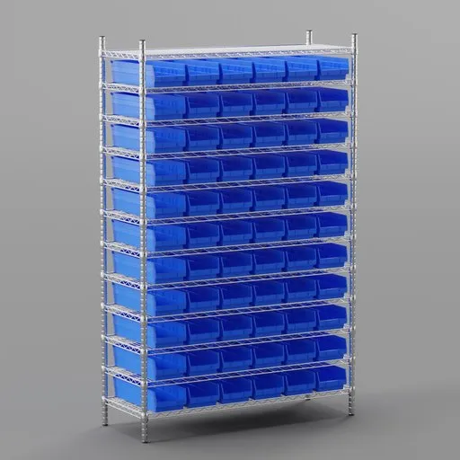 Detailed Blender 3D model of a metal shelf filled with blue bins for industrial storage.