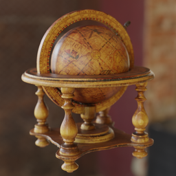Highly detailed 3D-rendered wooden globe on an ornate stand, showcasing intricate textures and craftsmanship.
