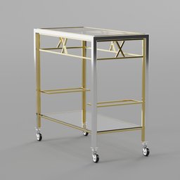 "Gold and chrome service cart with glass top, ideal for storage. This 3D model is created using Blender 3D software and has dimensions of 80cm in width, 76.5cm in height, and 40cm in depth."