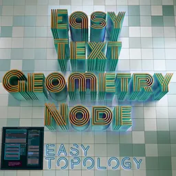 "Create 4 lines of UV-friendly text with Easy Text Geometry Node for Blender 3D. Hypnotic digital nodes, synthwave colorscheme, and readable diagrams included, with the ability to apply modifiers and export as mesh. Updated 2.1 version ensures intended mesh export."