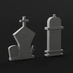 "Low-poly Tombstone 3D model with crosses, designed for 28mm scale and perfect for printing. Beautifully detailed textures and materials inspired by Karel Štěch, ideal for games or animations related to death."