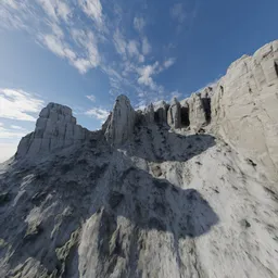 Realistic 3D model of rugged cliffs and hoodoos under blue sky, compatible with Blender for digital landscaping.