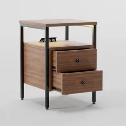 Wooden bedside table 3D model with drawers and integrated light for Blender rendering.
