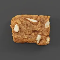 "Almond sweet 3D model optimized with Blender 3D software. Geometrically scanned and perfect for desserts and sweet themed designs. Featuring a piece of bread garnished with nuts on a table."