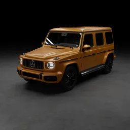 Detailed 3D rendering of a gold Mercedes G63 SUV on a dark backdrop, highlighting its robust shape and design, compatible with Blender.