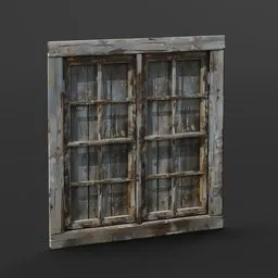 3D textured model of an old wooden window with weathered paint and glass panes, suitable for Blender rendering.