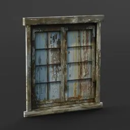 Detailed 3D model of a distressed wooden window, ideal for Blender rendering and architectural visualization.