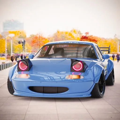 Customized 1990 Mazda Miata MX-5 3D model with widebody kit, spoiler, and unique headlights in Blender.