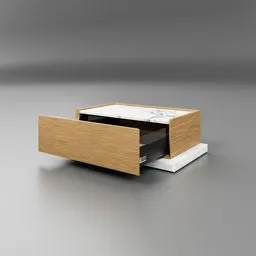 Contemporary wooden 3D-rendered side table with open drawer, designed for Blender modelling.