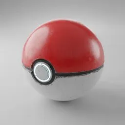 "3D model Pokeball inspired by Pokemon, textured with substance and rendered in indigo and Redshift. Features a red and white ball with black and white design, metal skin with scratches, and PBR material using 4K PNG 8bits maps. Perfect for Blender 3D exercise category and RPG item rendering."