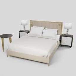 "PT BedSet 3D model for Blender 3D. Includes bed, nightstands, and metallic brass accessories. Stylized proportions and symmetrical fullbody rendering in an official royal interior."
