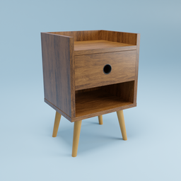 Vintage-style 3D wooden bedside table with open shelf and single drawer, designed in Blender.